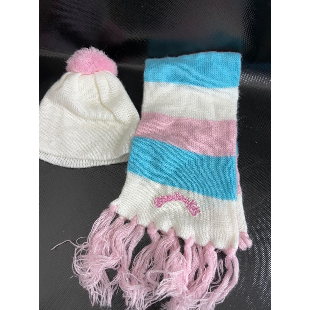 Cabbage Patch Kids Hat & Scarf Set White Pink Blue Knit Winter Child